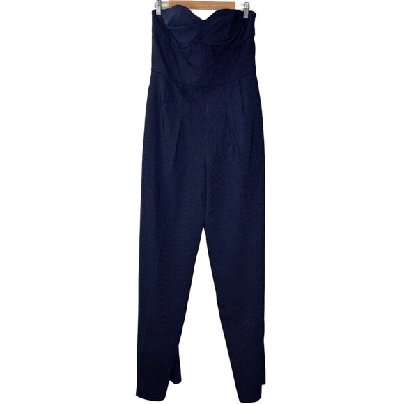 Carlisle NY Garrett Strapless Jumpsuit (Sz 14) Navy Pinstripe Wool Wide Leg FLAW - Picture 2 of 12